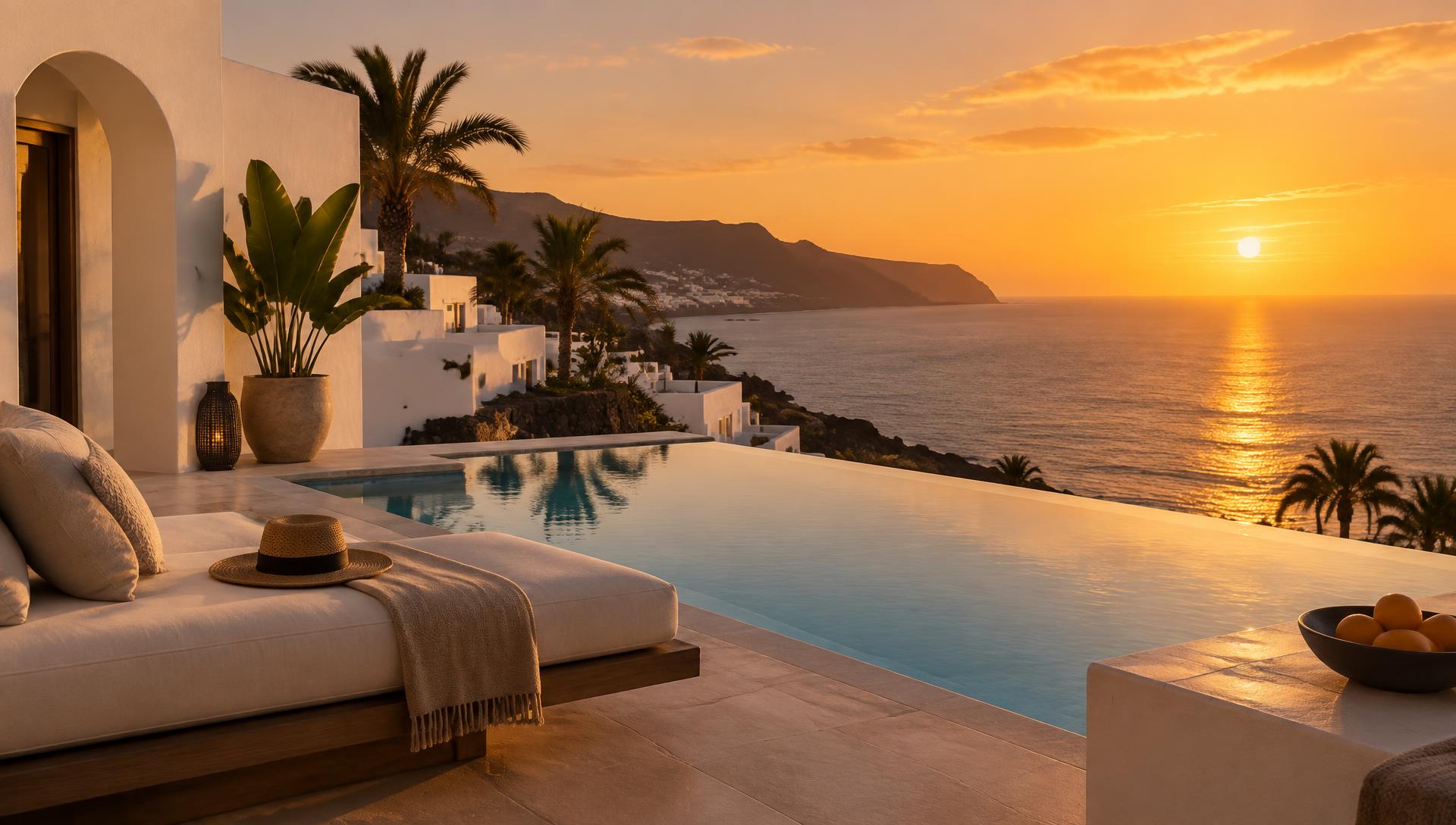 Sunset over the ocean from a white villa terrace in south Tenerife